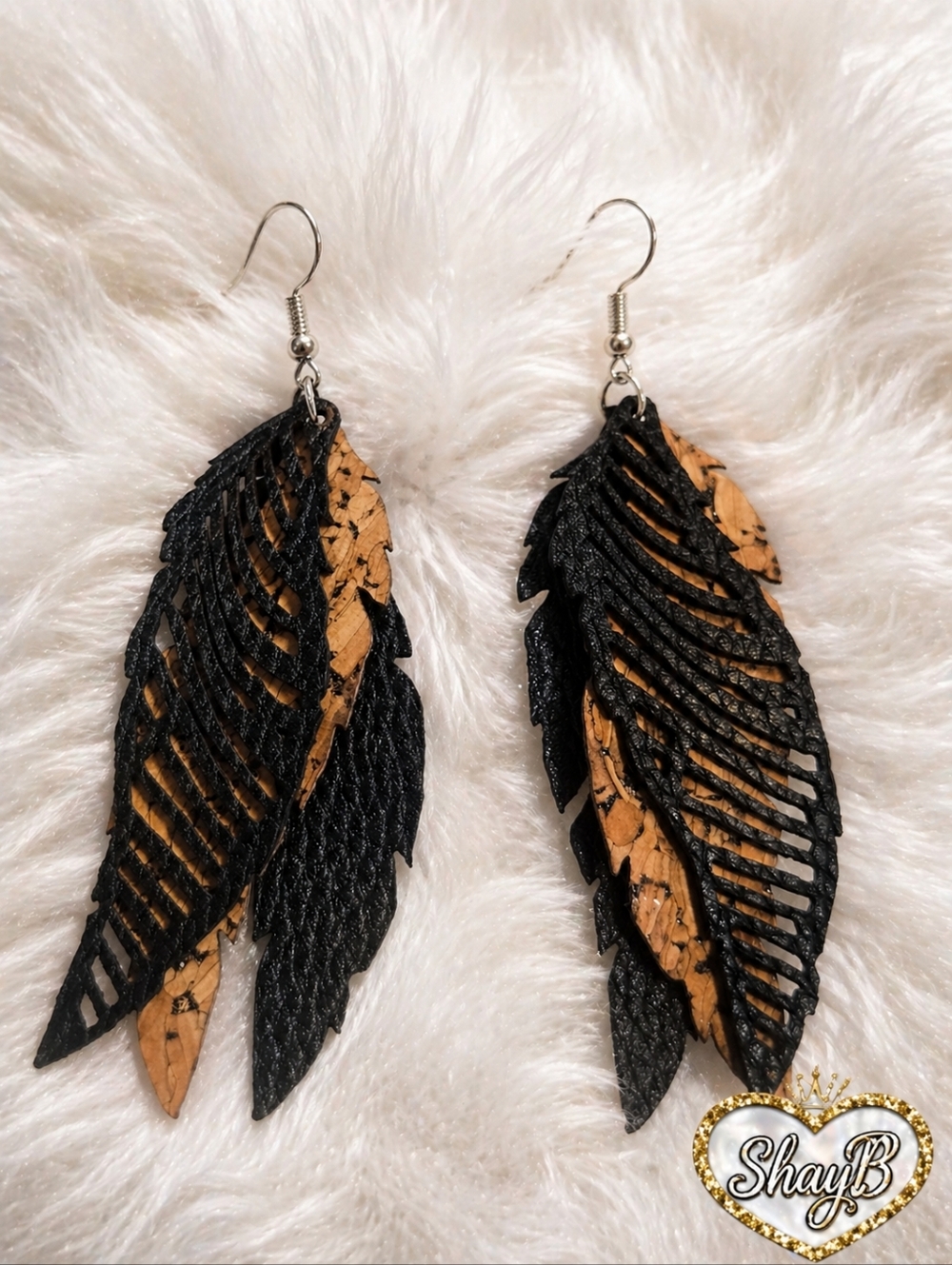 Black and Cork Feather Layered Earrings